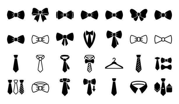 Men necktie and bowtie black silhouette icon set with formal suit collar hanger accessory element vector isolated on white