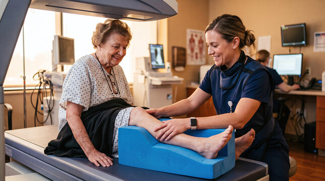Female technician positioning elderly patient's leg for bone density DEXA scan.