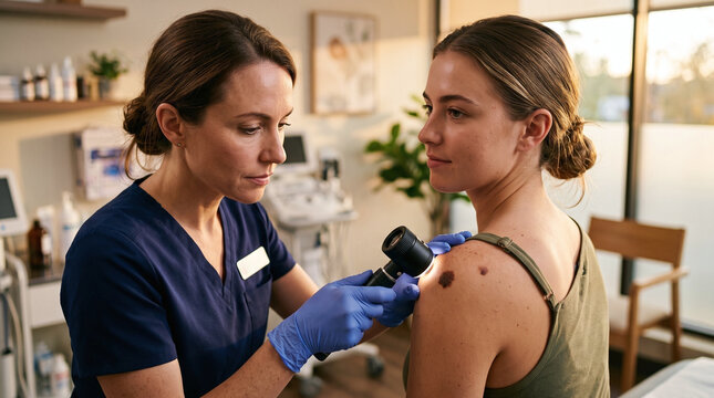 Female doctor examining a mole on a patient's shoulder using a dermatoscope
