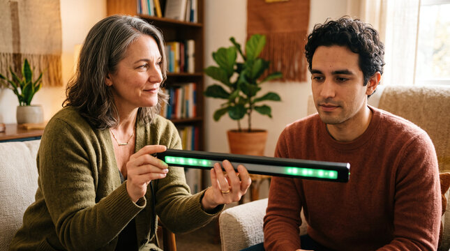 Therapist showing an EMDR light bar to a male client during a therapy session.