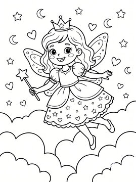 Cute Flying Fairy Princess in Night Sky Coloring Page