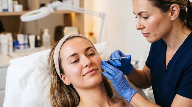 Female doctor administering mesotherapy micro injections on patient cheek.