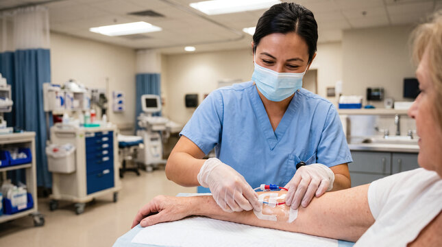 Nurse changing sterile PICC line dressing on elderly patient arm in clinic.