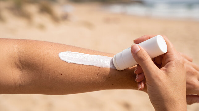 Applying a white sunscreen stick on arm for sun protection at the beach