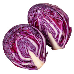 Obraz premium Freshly cut red cabbage halves displayed on transparent background for culinary and healthy food concepts