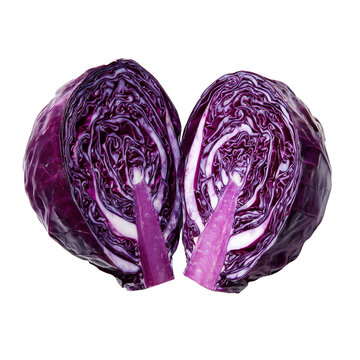 Freshly cut red cabbage halves showcasing vibrant purple interior against white background
