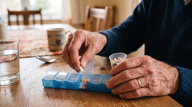Senior man organizing his daily medication into a weekly pillbox at home.