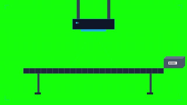 Minimalist flat vector animation of an automated scanner processing a package on a conveyor belt over green screen
