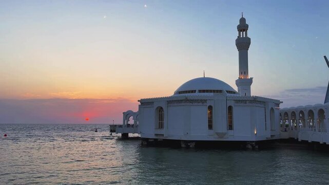 Al Rahma Floating Mosque in Jeddah at sunset over Red Sea, Saudi Arabia