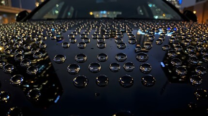 Fototapeta premium Rain drops on a black car hood reflecting city lights at night
