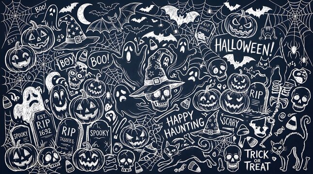Detailed hand drawn doodle illustration featuring various spooky elements and festive symbols for a fun halloween celebration