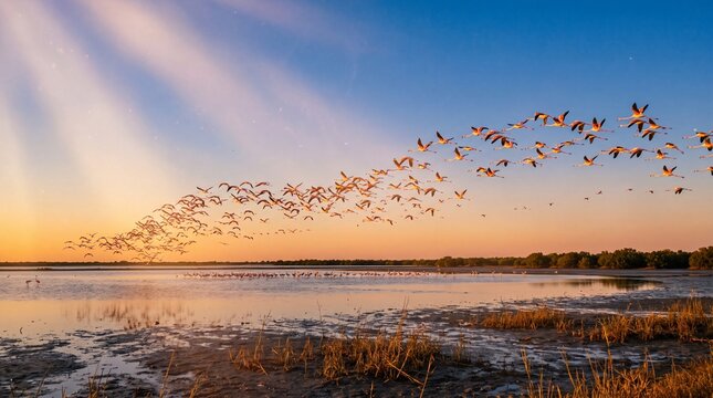 Flamingo flock flying over a wetland at golden hour reflection