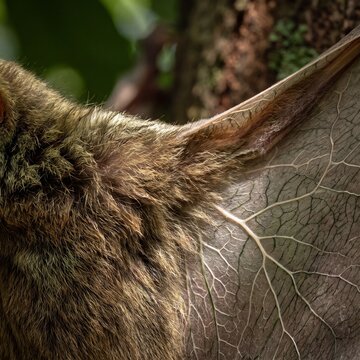 Macro view of colugo shoulder juncture contrasting fur and translucent skin.