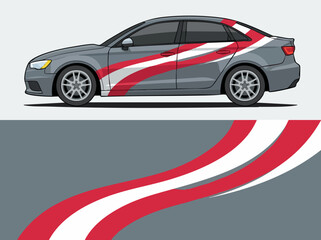Fototapeta premium Gray Sedan Car with Red and White Racing Stripes
