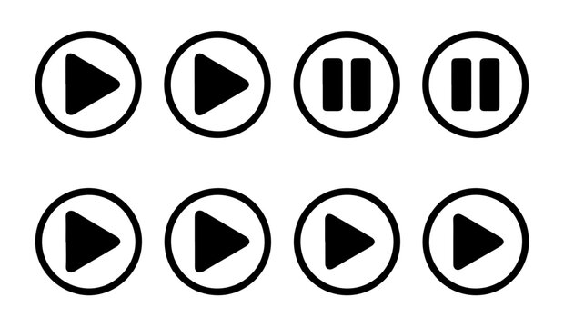 Black and white play and pause buttons inside circular outlines, various styles for media player controls.