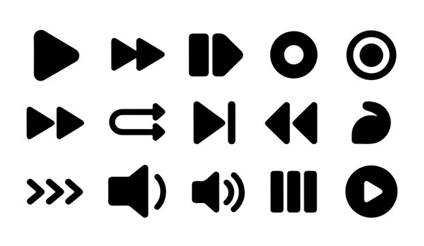 Collection of black media player icons including play pause rewind fast forward and volume controls for digital interfaces.