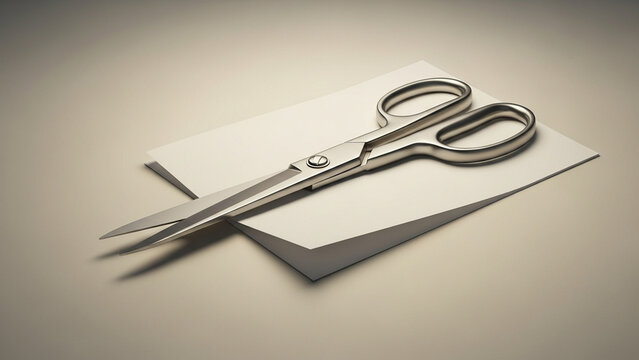A pair of metallic shears rests atop a folded sheet of paper on a surface to represent the professional process of crafting creative projects through precise cutting actions for various desk