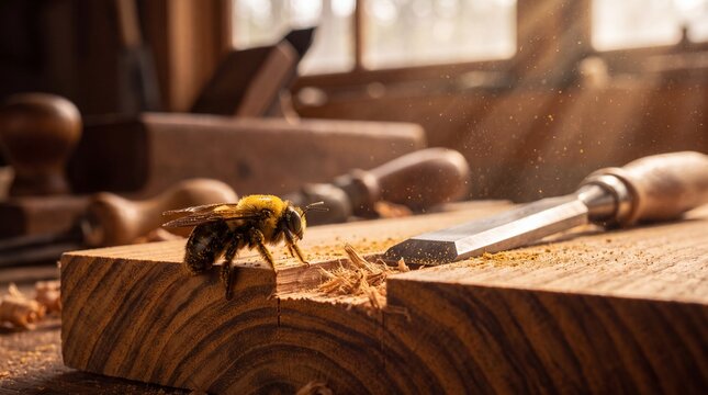 Carpenter bee rests near a chisel on rough wood grain in warm light
