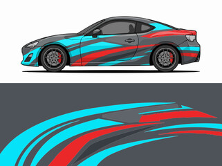 Fototapeta premium Sporty car with dynamic blue and red design wrap