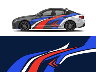 Fototapeta premium Sporty car with dynamic blue red white racing stripes