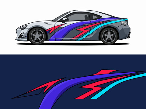 Sporty car with colorful racing stripes and decals