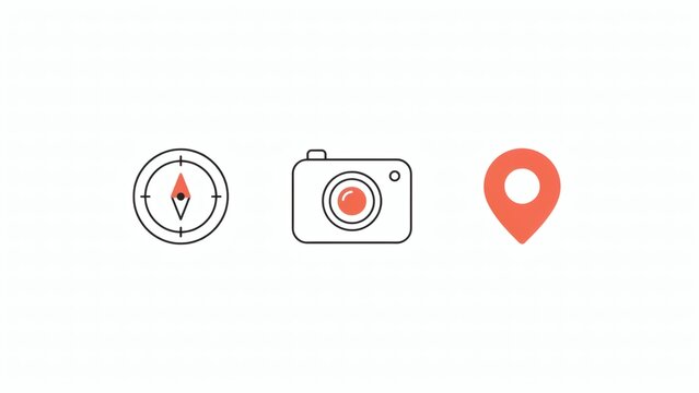 Minimalist vector set featuring compass camera and map pointer icons for travel with navigation compass digital