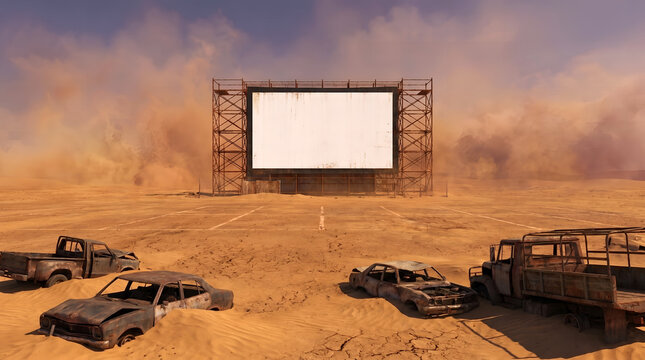 Drive-in cinema screen stands isolated in a dusty post-apocalyptic desert landscape with abandoned cars.