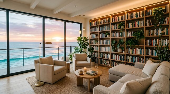 Elegant living room with ocean view and extensive home library