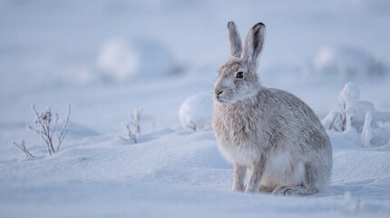 Naklejka premium Arctic hare gazing calmly through snowy snowdrifts at dawn light