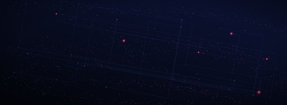 Abstract dark blue digital grid background, futuristic technology network with glowing red data points, cyber space texture