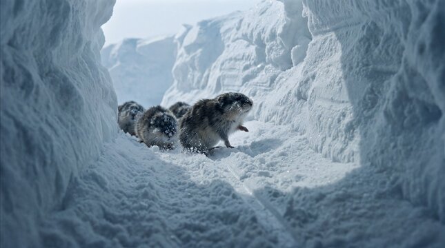 Lemming moving through a snow tunnel in pristine winter wilderness setting