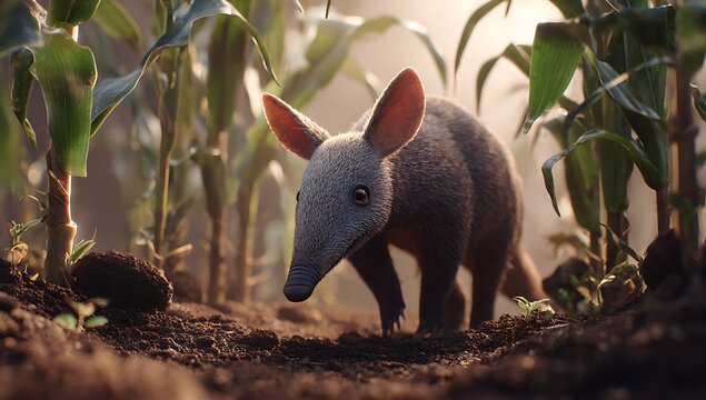 An aardvark standing in a cornfield at sunset with soft golden light filtering through the tall green stalks