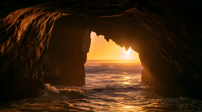 Exploiting the cave's entrance discloses an abstract sunset over rippling ocean waves and a golden horizon
