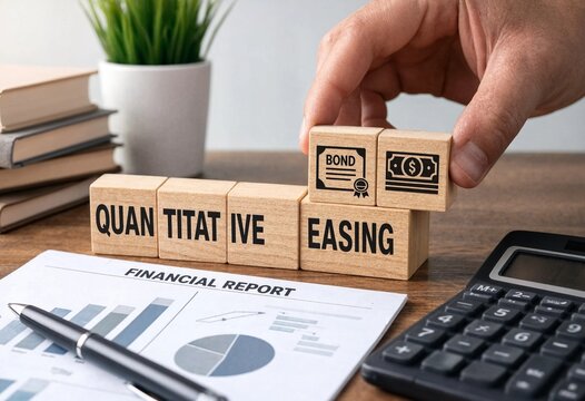 Hand placing bond block on quantitative easing financial building blocks with calculator and financial report