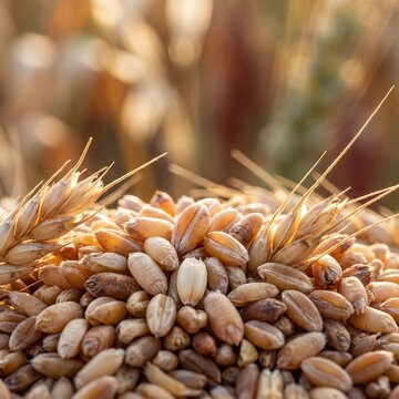 Macro photo capturing golden wheat kernels and mouse grains in soft backlighting