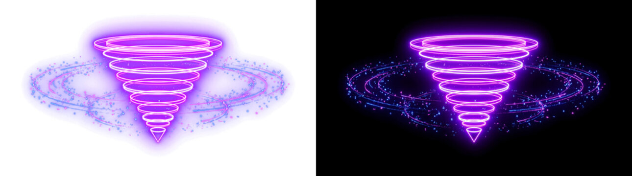 Inverted Holographic Neon Light Cone with Swirling Orbiting Data Bits Radiant Transparent Overlay Element
