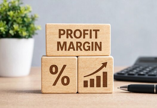 Wooden blocks displaying profit margin percentage growth with upward trend chart and office supplies