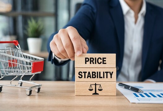 Business professional demonstrating price stability concept with shopping cart and wooden blocks on desk