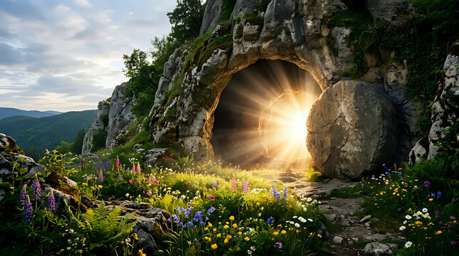 Resurrection tomb cave entrance with glowing sunlight rays and field of colorful flowers resurrection sunlight spiritual christian religion religious