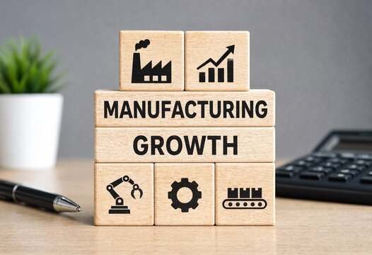 Wooden blocks illustrating manufacturing growth with industrial icons and upward trend chart on a workspace