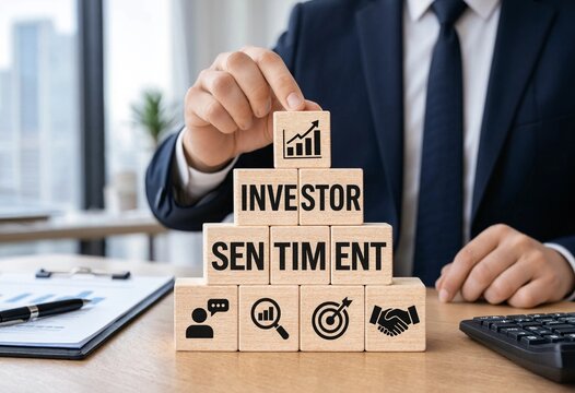 Professional placing wooden block with investor sentiment analysis icons on desk in business office setting