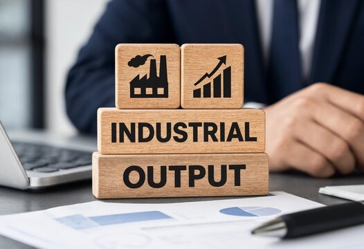 Professional working environment showcasing industrial output growth with wooden blocks and business documents
