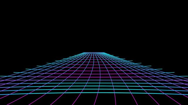 Retro neon grid landscape moving forward in cyberspace digital motion background