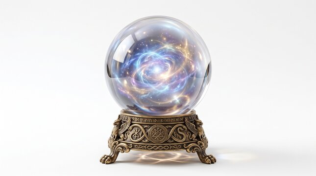Glowing crystal ball with cosmic nebula galaxy inside on ornate brass stand
