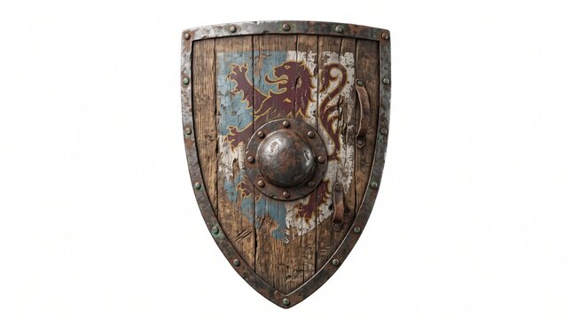 Medieval wooden heater shield with lion crest and iron umbo on white background
