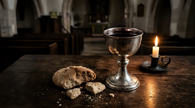 Holy communion chalice with bread on wooden table in dark church interior church service communion religion eucharist sacrament christianity spiritual