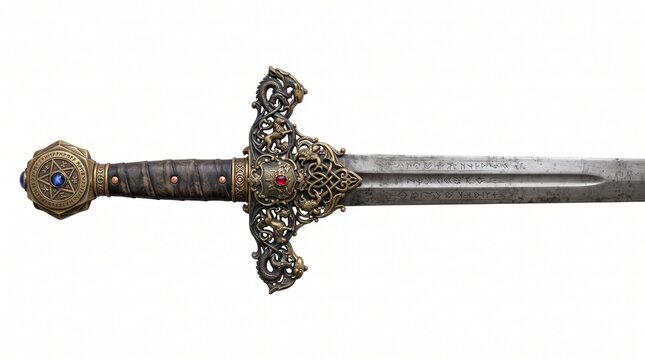 Ancient Chinese sword hilt with intricate ornate metal guard isolated on white background