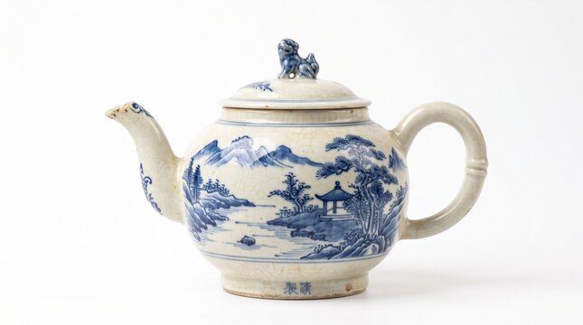 Antique Chinese blue and white porcelain teapot with landscape scene and foo dog lid