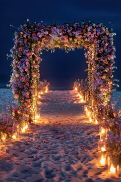 Romantic floral wedding arch with glowing candles on a beach at night