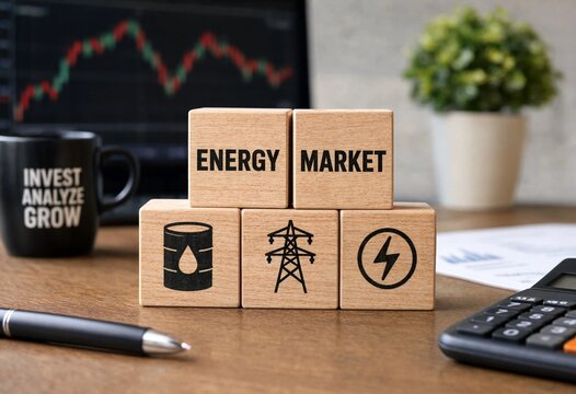 Energy market investment concept displayed with wooden blocks and financial tools on a workspace desk
